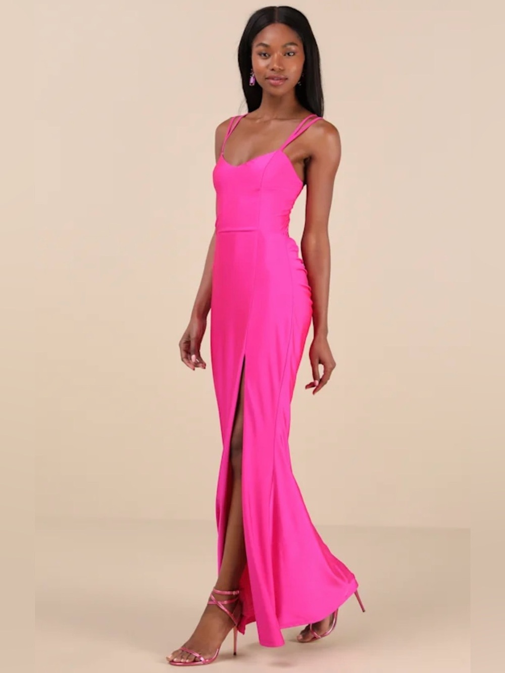 Lulus Jadine Hot Pink Slinky Knit Ruched Lace-Up Mermaid Maxi Dress XS